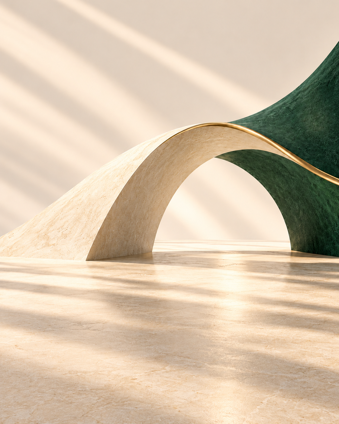 An abstract arch of ivory stone, forest green and a fine gold edge